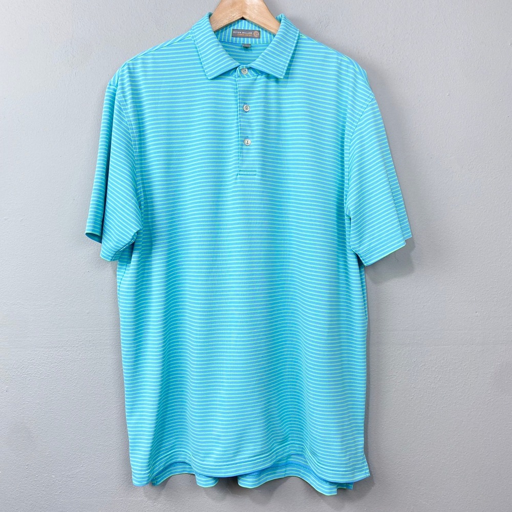 Peter Millar Summer Comfort Golf Polo Shirt Size L Blue Green Striped Pique Knit